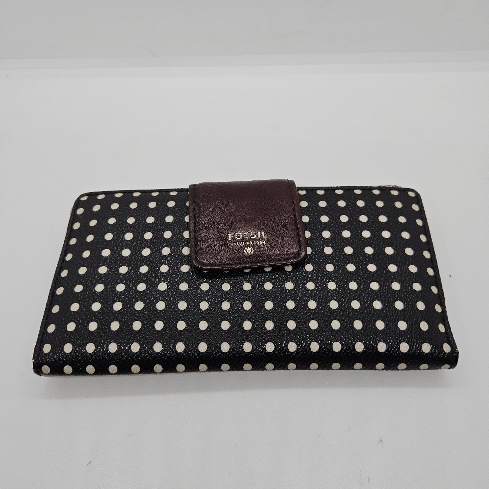 Fossil polka dot wallet black cream with brown clasp